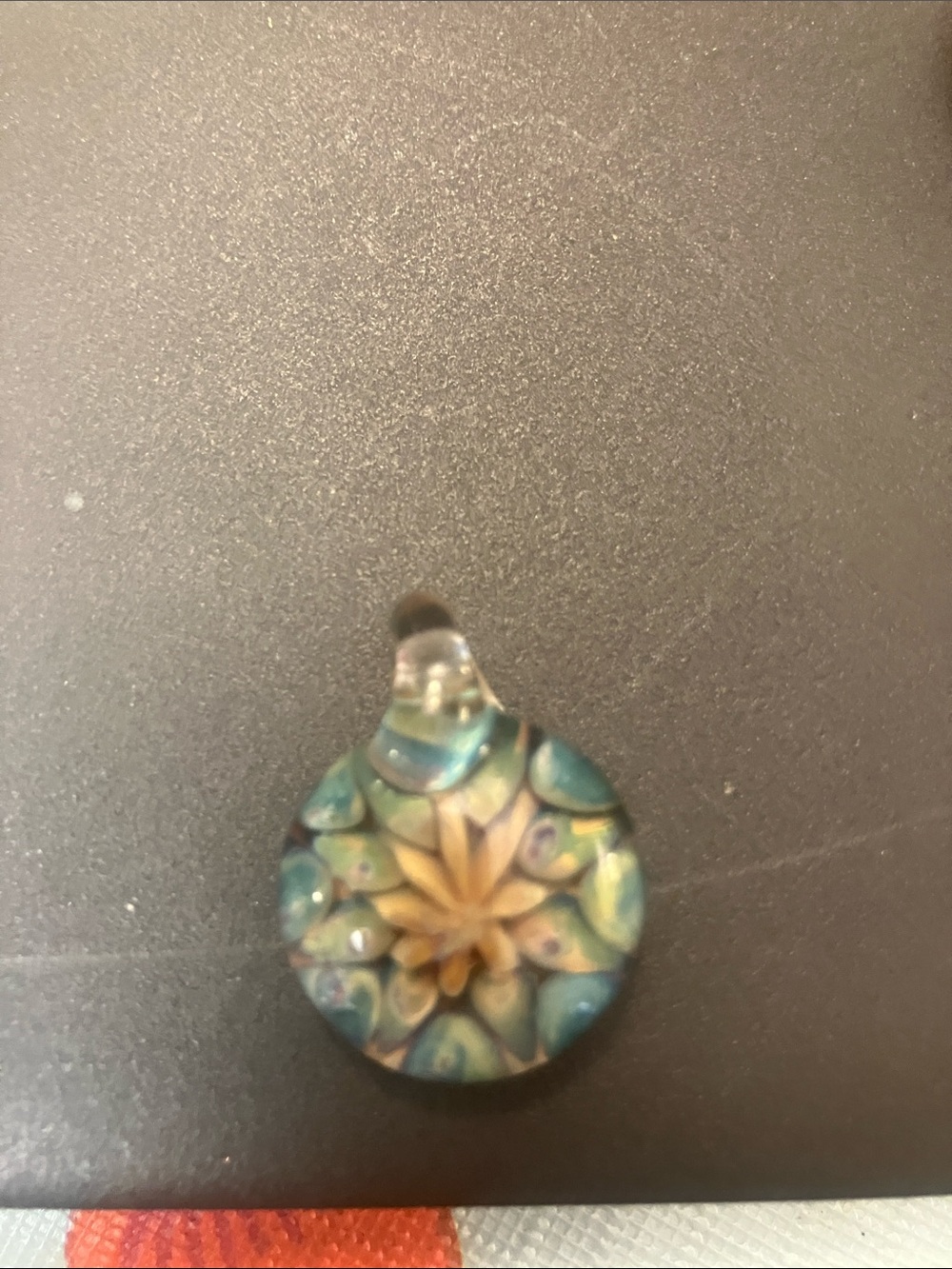 Murano Teal and Gold Floral Round Glass Pendant Necklace hand-blown design - Picture 5 of 6